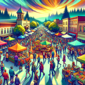 An artistic portrayal of a market scene in Hillsboro, capturing the vibrant energy of people walking around.