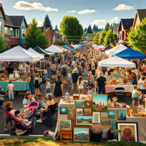 A crowd of people at a street market in Hillsboro, showcasing the Art of Branding with an intriguing perspective.