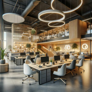 3d rendering of a modern office with wooden desks and lighting, incorporating elements of branding.