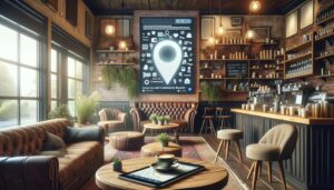 The interior of a small business coffee shop with wooden tables and chairs.