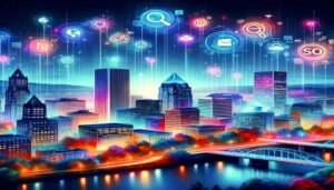 An image of Portland with social icons floating over it, appealing to Oregon Companies interested in Local SEO.