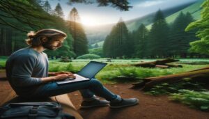 A man using a laptop in a game-changing forest.