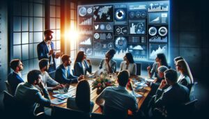 A group of business people sitting around a table in a conference room discussing Internet Marketing strategies for their Advertising Agency.