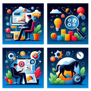 A set of flat illustrations showcasing a man working on a computer and a horse, aimed at maximizing growth in online marketing through effective SEO strategies.