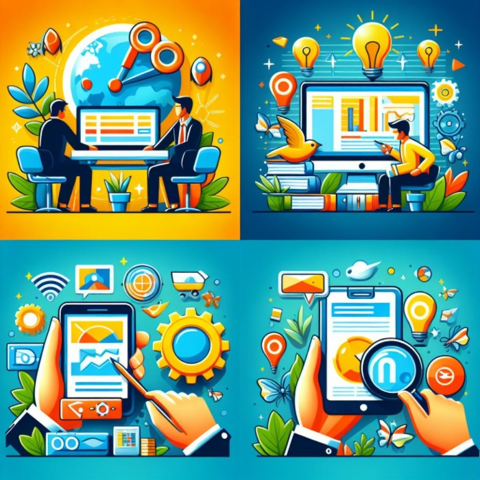 A set of flat illustrations of people working on a computer, focusing on online marketing.