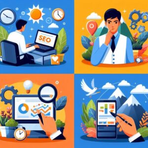 A set of four flat illustrations showcasing individuals engaged in SEO activities to maximize online marketing strategies and achieve growth.