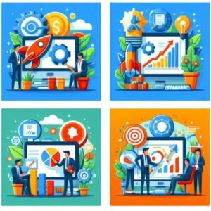 Four flat illustrations of business people working on a computer, utilizing online marketing strategies.