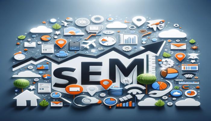 An image of the word sem surrounded by various icons depicting marketing services.