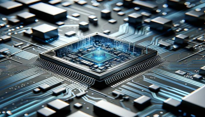 A close up of a semiconductor electronic circuit board.