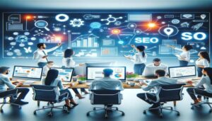 A group of people working in an office with SEO icons on the wall, focused on semiconductor marketing.