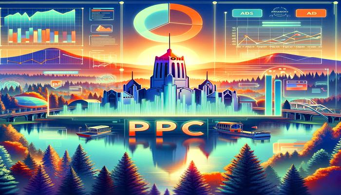 An illustration of a city with the word pc on it, showcasing the influence of a PPC Agency.