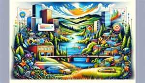 A vibrant painting of a bustling city with cars and a serene river.