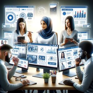 A group of people working at a desk with monitors in an online business or e-commerce setting.