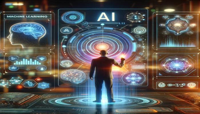 A man is standing in front of an AI interface, analyzing digital marketing strategies and staying informed on current trends.