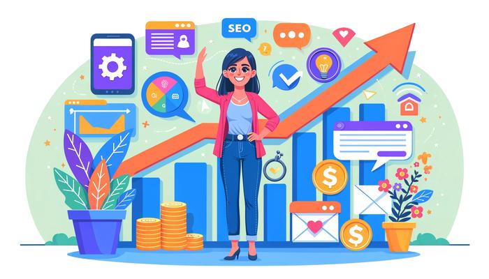 An illustration of a woman standing in front of a graph with arrows and icons, representing the growth of small businesses through digital marketing.