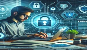 A man working on a laptop, implementing digital marketing strategies while staying updated with the latest trends in security.