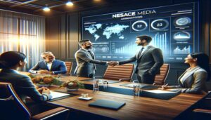 A group of business people shaking hands at a conference table at Nesace Media, a Marketing Agency in Oregon.