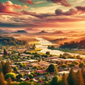 An aerial view of Hillsboro, a town in Oregon, at sunset.