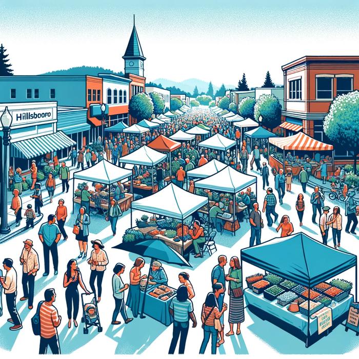 An illustration of a market in Hillsboro, OR with people walking around.