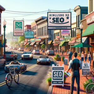 Boost your website visibility with the help of SEO experts in this street scene full of people walking down the street.