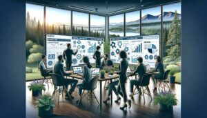 A group of people sitting around a table in a conference room, from Oregon.