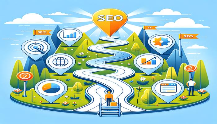 An illustration of a path with SEO icons and services on it.