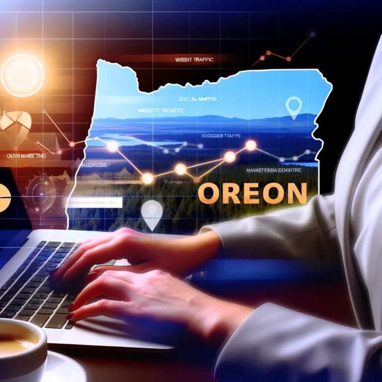 Business professional analyzing digital analytics with a focus on Oregon Online Marketing, superimposed with relevant data and graphs.