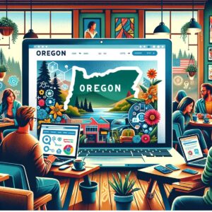 A vibrant illustration of people in a modern office space with a large computer screen displaying a colorful and stylized image promoting Oregon Online Marketing.