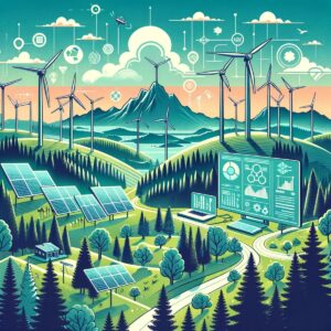 An illustrated landscape showcasing renewable energy sources in Oregon, including wind turbines, solar panels, and a data display for environmental monitoring.