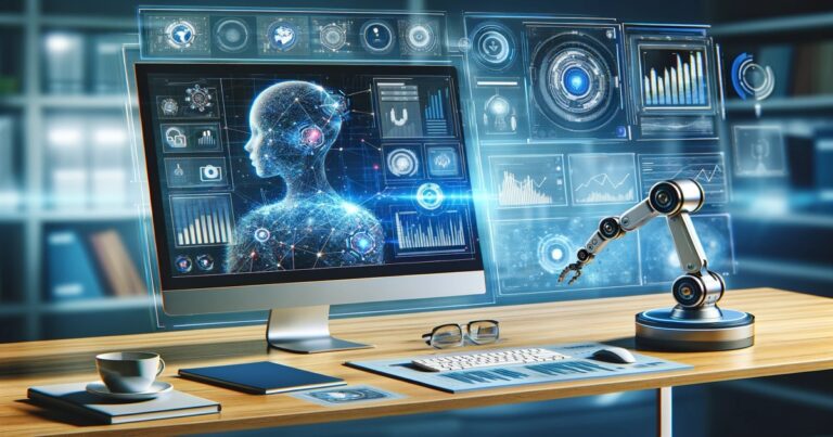 A futuristic workspace with a computer displaying holographic data and an AI interface designed for digital marketing strategies, accompanied by a robotic arm.