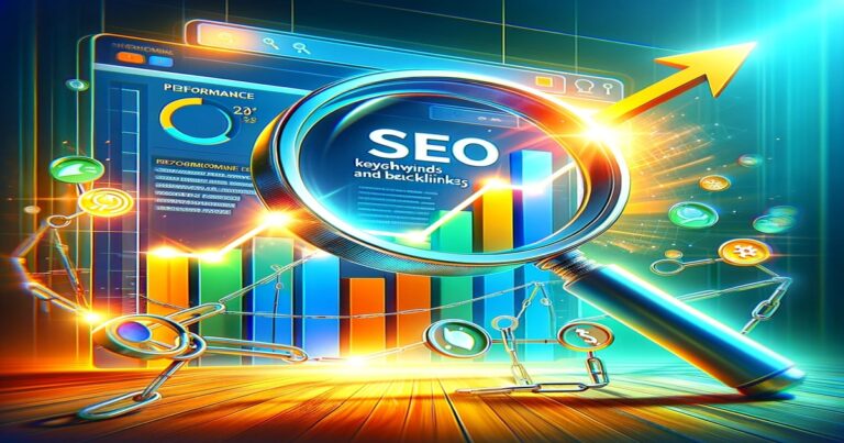 An artistic representation of SEO analysis with a magnifying glass and charts in a vibrant online marketing interface.