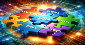 Digital marketing components represented as interconnected puzzle pieces with terms like "SEO," "social," and "content" specific to Oregon's online marketing landscape.