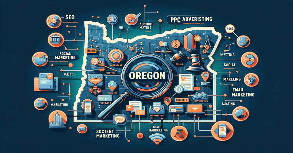 A vibrant, illustrated map of Oregon, stylized with various Local Online Marketing and business development icons, magnifying glass over the state indicating a focus on regional marketing strategies.