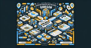 Vibrant and intricate Oregon online marketing ecosystem illustration with a focus on conquering the market, featuring a range of elements including SEO, content marketing, analytics, and advertising.
