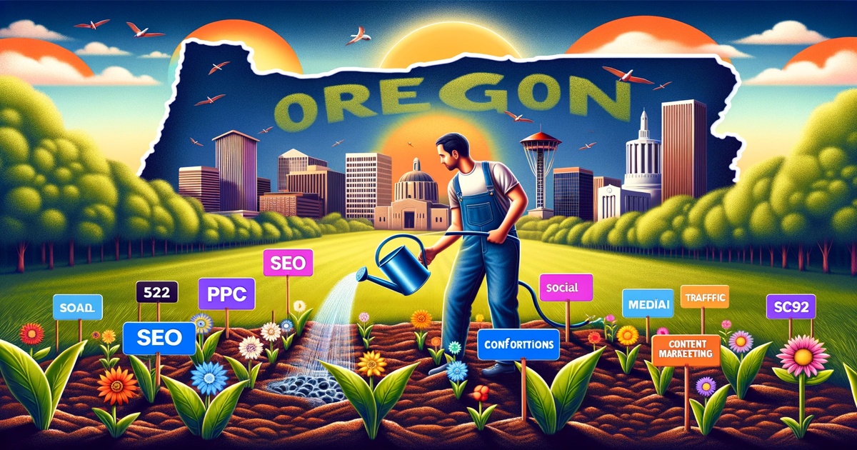 A vibrant digital illustration of a man watering a garden where SEO and "Conquer Your Market" terms are blossoming as flowers in a colorful Oregon landscape, symbolizing the growth of Oregon online marketing in