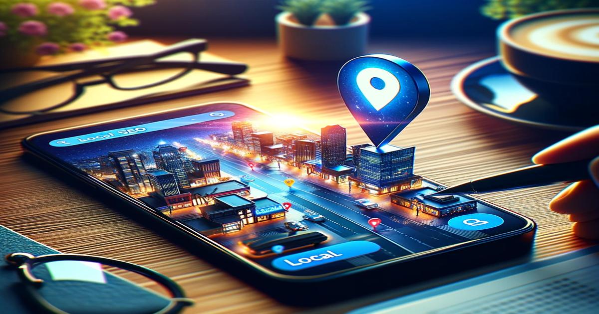 A realistic and highly stylized concept image showcasing a 3D map popping out of a smartphone screen, with a large location pin, indicating a focus on "Top Local SEO" and geolocation services