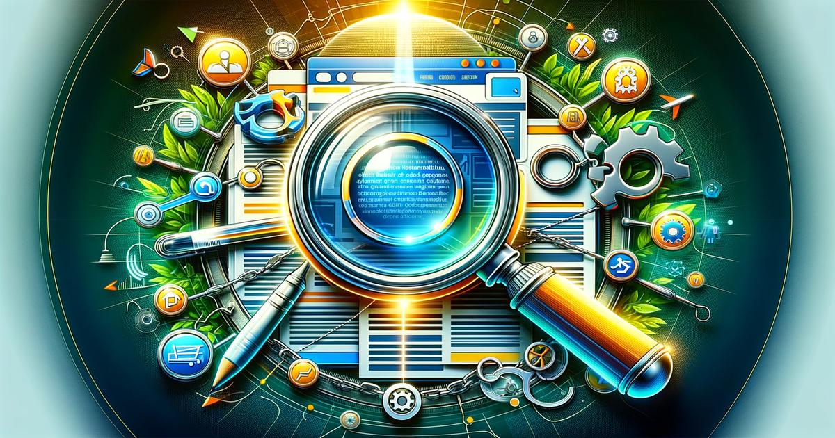 A vivid digital illustration featuring a central magnifying glass over a web browser interface, surrounded by dynamic icons and elements that symbolize online search, SEO Fundamentals, and the interconnected nature of modern digital technology