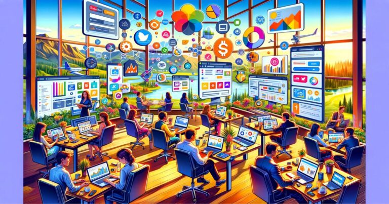 A vibrant and bustling office space where technology meets nature, showcasing a team of professionals working amidst a plethora of screens displaying colorful data, charts, and infographics related to the latest Oregon digital marketing trends,