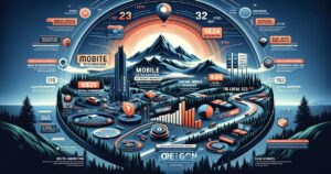 Infographic depicting a stylized, metaphorical landscape of Oregon digital marketing concepts and metrics with a central mountain, representing various strategies and their performance statistics in a visually engaging and thematic design to help viewers stay