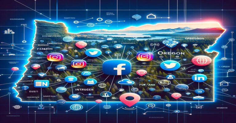 A map of Oregon businesses with social media marketing icons on it.