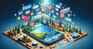 A vibrant, 3D conceptual artwork of a phone displaying an Oregon Companies landscape, surrounded by floating social media icons and notifications, symbolizing the integration of nature and digital connectivity.