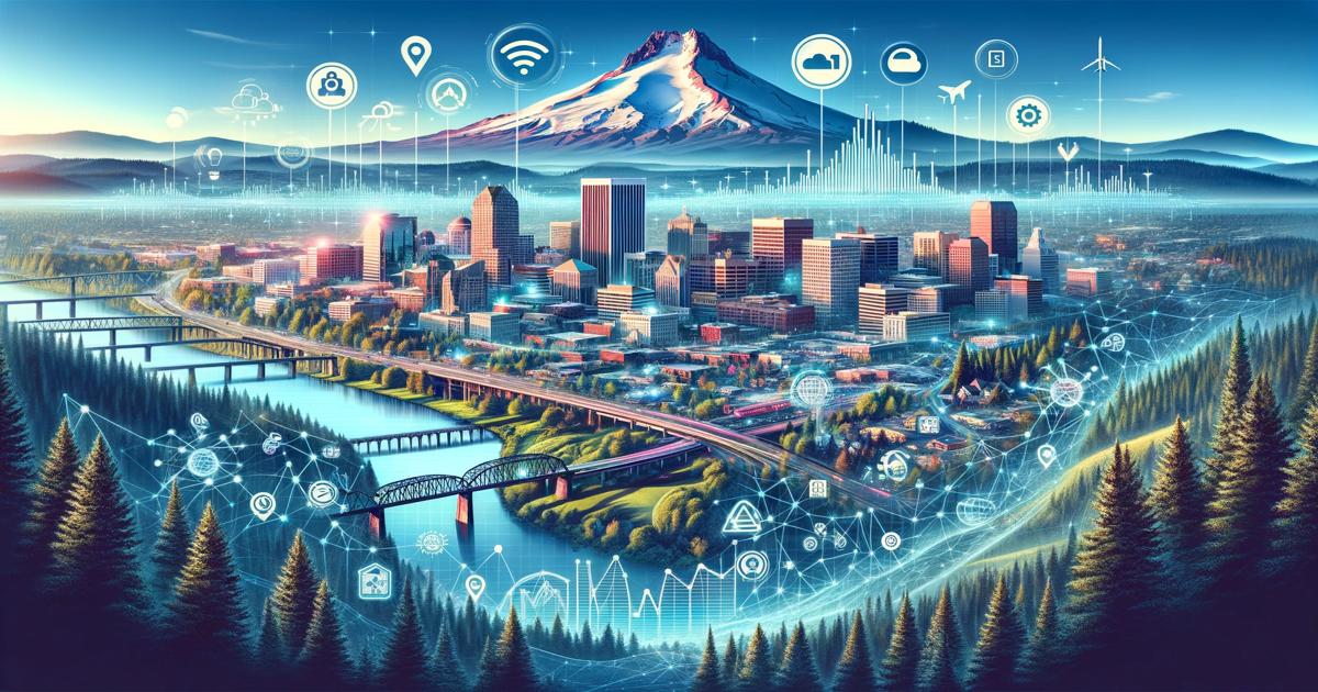 A futuristic smart city in Oregon with digital connectivity and IoT icons overlaying an urban landscape with a scenic mountain backdrop, symbolizing the integration of technology and urban development.