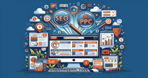 A vibrant and colorful illustration showcasing various elements and icons representing SEO (search engine optimization) and PPC (pay per click) marketing strategies, with a central focus on a laptop displaying graphs and analytics for Oregon