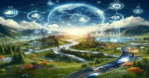 A futuristic landscape where nature and advanced technology merge, illustrating the harmony of ecology and SEO innovation: holographic interfaces and data streams float above a lush, green valley bisected by a winding road.