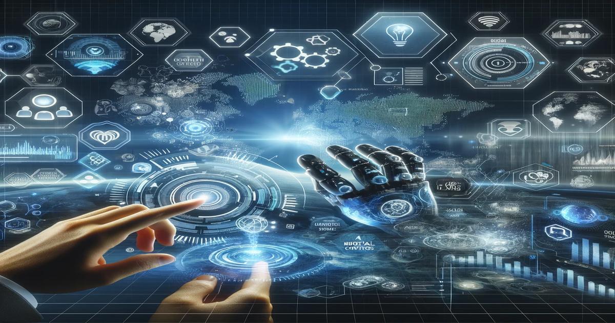 Human and robotic hands reaching towards each other amidst a futuristic interface of holographic symbols and data, symbolizing the integration of humanity with advanced technology as part of an innovative content marketing strategy.