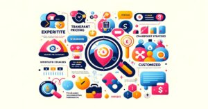 A colorful and vibrant infographic with assorted icons, graphs, and buzzwords related to business strategy, customization, affordable SEO solutions, and financial concepts, designed in a modern, abstract style.
