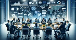 A team of professionals engaged in a strategic meeting in a high-tech conference room equipped with advanced digital data analytics and affordable SEO solutions displays.