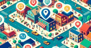 A vibrant, illustrated cityscape bustling with activity in Your Area, interwoven with oversized icons symbolizing location, technology, and social media, showcasing the intersection of daily life and affordable SEO solutions.