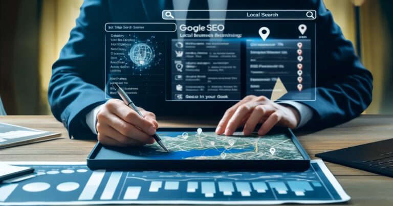 A professional in a suit analyzes data on a tablet overlaid with a futuristic holographic display of local SEO metrics and a geographical network, while writing notes.