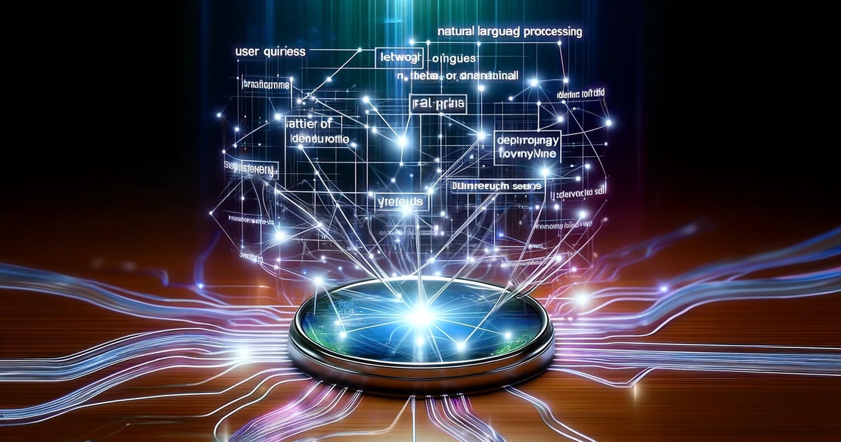 A futuristic illustration of a circular platform emitting a bright light with interconnected lines and floating words related to artificial intelligence, technology, and 2024 SEO trends against a dark background.